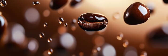 Fototapete - Dynamic floating coffee drops captured in mid-air creating an artistic backdrop Generative AI