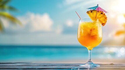 Aufkleber - Exotic cocktail with pineapple and umbrella against a vibrant beach landscape in bright sunlight Generative AI