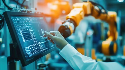 Poster - AI optimizing workflow in large-scale production. copy space for text.
