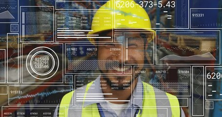 Poster - Construction worker with digital data animation overlay, smiling in industrial area