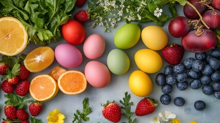 Poster - Colorful easter eggs, fruits, vegetables, and flowers creating a vibrant spring arrangement