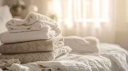 Fototapete - Freshly washed towels and linens create a cozy and inviting atmosphere in a clean bedroom Generative AI