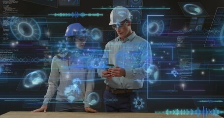 Poster - Wearing helmets, engineers analyzing animation data on futuristic digital interface