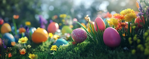 Wall Mural - Colorful easter eggs hiding in spring flowers and green grass