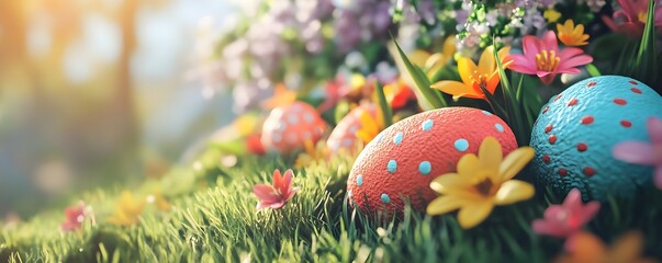 Wall Mural - Colorful easter eggs hiding in the grass surrounded by flowers