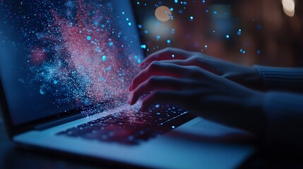 Fototapete - Programmer writing code and generating digital data stream from laptop keyboard