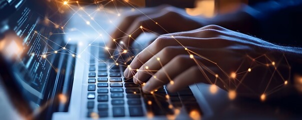 Fototapete - Software developer programming on laptop with abstract network connections