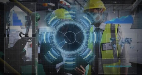 Poster - Discussing with digital interface, engineers in safety gear in industrial setting