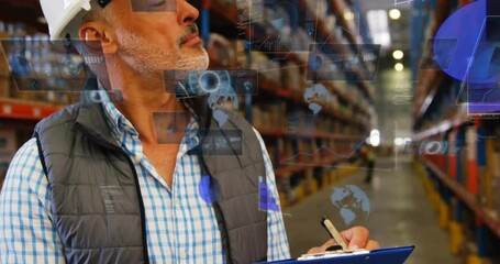 Poster - Warehouse worker taking notes with digital data processing animation overlay