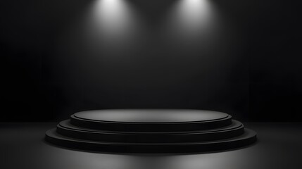 Aufkleber - Two spotlights illuminating empty black round podium on dark background