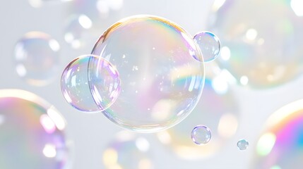 Leinwandbilder - Soap bubbles floating showing iridescent colors on light background