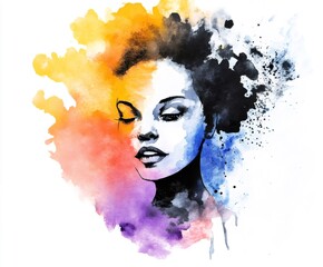 Poster - Watercolor painting representing a beautiful woman with colorful splashes