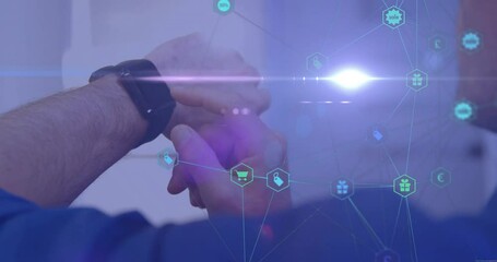 Poster - Interacting with smartwatch, person looking at animation of digital network icons