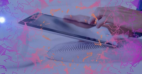 Poster - Interacting with tablet, hands engaging with colorful abstract pattern animation