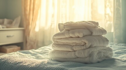 Poster - Freshly washed towels and linens create a cozy atmosphere in a well-lit bedroom filled with warmth and comfort Generative AI