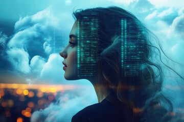 a woman's profile merges with digital code, symbolizing the connection between humanity and technolo