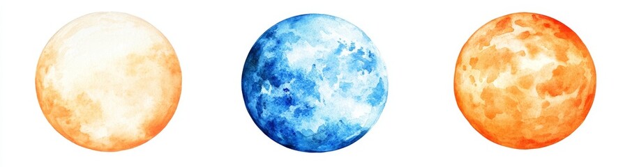 Poster - A series of watercolor circles in different colors, with modern splatter and stain effects on a clear background. Round, hand-drawn watercolor backgrounds in yellow, blue, red, pink, orange, and