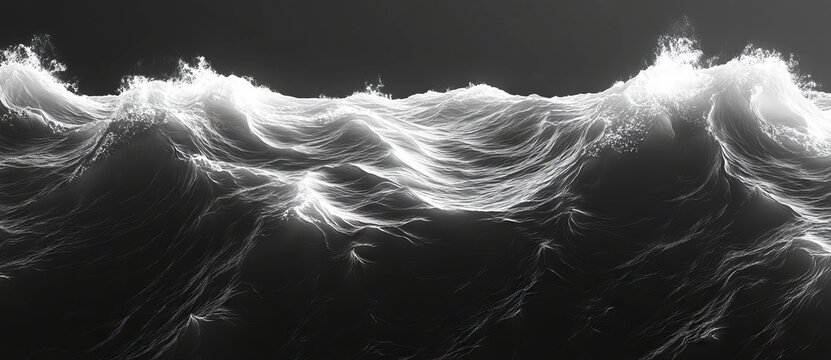 A black water background featuring ripples. The wave surface of a dark ocean or sea created in computer graphics. A 3D rendering of a black texture resembling water, oil, or petroleum with waves and