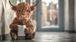 © Aleksandar - This charming image features a fluffy Highland cow holding a roll of toilet paper, bringing humor and warmth to any space. The background is softly blurred, focusing on the cow.