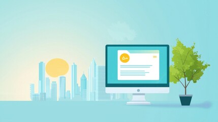 Poster - Modern Desktop Computer Displaying Web Page with City Background