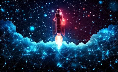 Poster - An abstract depiction of a rocket launch. A digital spacecraft soars into space. A concept of business development is highlighted. A contemporary wireframe illustration appears on a techno blue
