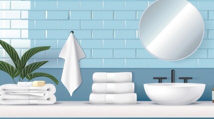 Poster - Cozy bathroom with neatly folded towels and a calming blue background for hotels and spa salons Generative AI