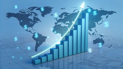 Poster - Global Economic Growth: A dynamic illustration depicts a rising bar graph and an upward arrow, representing global economic growth against a backdrop of the world map.