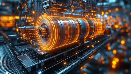 Poster - High-tech industrial machine with glowing elements in a modern factory at night