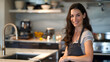 © AI PIONEER STUDIO - Smiling woman in a modern kitchen, wearing an apron, preparing a meal with a warm ambiance.