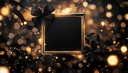 Poster - Luxurious Design Featuring Gold Square Frame, Black Ribbon Elements, Glitter Light Effects, And Bokeh Decoration. Opulent And Elegant.