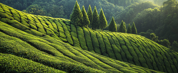 Poster - Rolling green tea plantation hillside, lush vegetation, several evergreen trees atop, showcasing vibrant natural beauty and tranquility, ideal for nature or travel themes