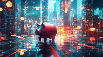 Poster - Digital cityscape with a piggy bank surrounded by floating cryptocurrency symbols in vibrant colors