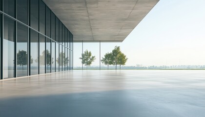 Poster - Morning Scene With Photorealistic Rendering Of Steel And Glass Modern Building Exterior On Empty Cement Floor In Perspective View.