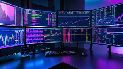 Poster - Traders analyzing market trends using multiple monitors with vibrant displays in a modern office setting at night