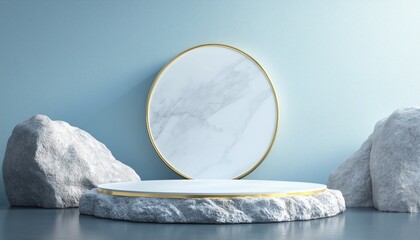 Poster - Stone And Rock-Shaped Render For Round Podium Pedestal For Brand Product Exhibition In Gold And White - Mockup Template For Ads.