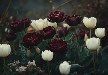 Poster - Elegant Arrangement of Dark Red and White Tulips in a Natural Garden Setting with Soft Focus Background and Subtle Lighting Effects
