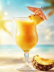 Aufkleber - Vibrant tropical cocktail featuring pineapple slices and a small umbrella against a sunny beach backdrop Generative AI