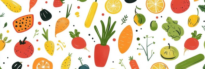 Aufkleber - Bright and colorful seamless pattern featuring fresh vegetables and fruits in modern flat style for creative projects