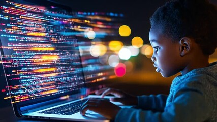 Poster - Young child engaged in coding on laptop at night with blurred city lights in background