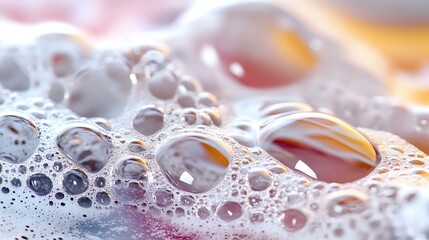 Poster - Macro photography of soap bubbles with pink and orange gradient background creating abstract pattern of spherical formations with light reflections and transparency.