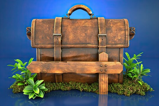 A blue suitcase and hat paired with a camera and signpost, set against a soft pastel blue background. This 3D rendering captures the essence of travel and adventure