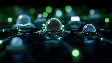 Poster - Glowing water drops on dark surface with green bokeh lights creating magical atmosphere. Macro photography reveals intricate details of liquid spheres and reflections.