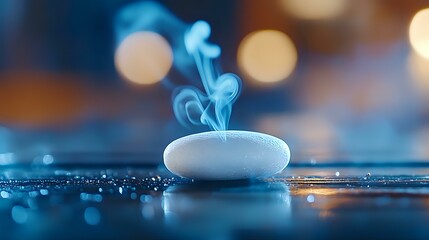 Poster - Glowing white pebble with rising smoke on reflective surface against blurred blue and orange bokeh background creates mystical zen atmosphere for wellness and spa designs.