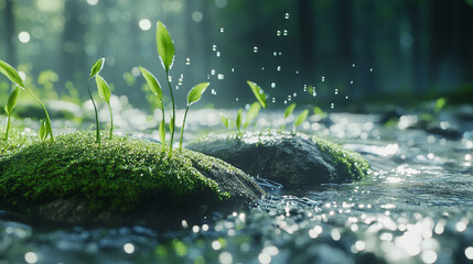 Poster - Close-up of young green plants sprouting from moss-covered rocks beside a stream, water droplets falling, showcasing nature's renewal and resilience