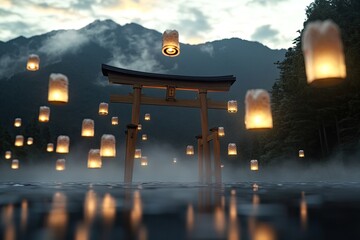 Poster - surreal depiction of glowing torii gate surrounded by floating lanterns with misty mountain backdrop at dusk