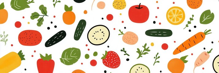 Aufkleber - Bright and colorful seamless pattern featuring fresh vegetables and fruits in modern flat style for vibrant design projects