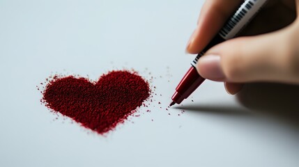 Poster - Red glitter heart shape drawn with sparkly powder on white surface, hand holding pen traces romantic symbol. Creative Valentine's day concept for cards and designs.