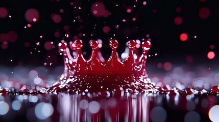 Poster - Crown shaped red water splash with droplets and bokeh effect on dark background creating dramatic liquid art photography with reflection.