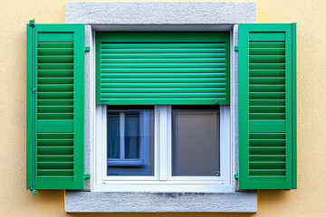 Poster - A charming window with green shutters in a colorful building adds character to the urban landscape