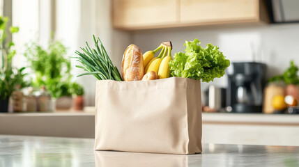 Poster - A reusable shopping bag filled with fresh bananas, lettuce, and green onions sits on a kitchen countertop surrounded by plants